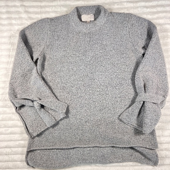 J.O.A. Gray Marled Knit Bell Tie Sleeve Mock Neck Oversized Hi Low Sweater large - Picture 3 of 13